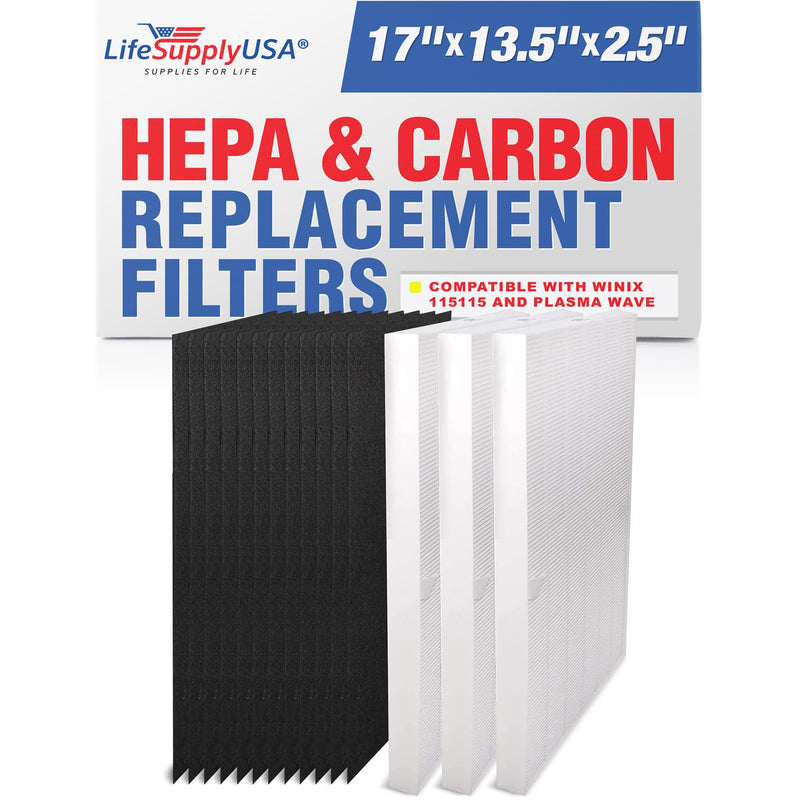 LifeSupplyUSA True HEPA + 4 Carbon Replacement Filters Compatible with Winix 115115 Size 21 and Plasma Wave WAC5300, WAC5500, WAC6300, 5000, 5000b, 5300, 5500, 6300 & 9000 (3-Pack)