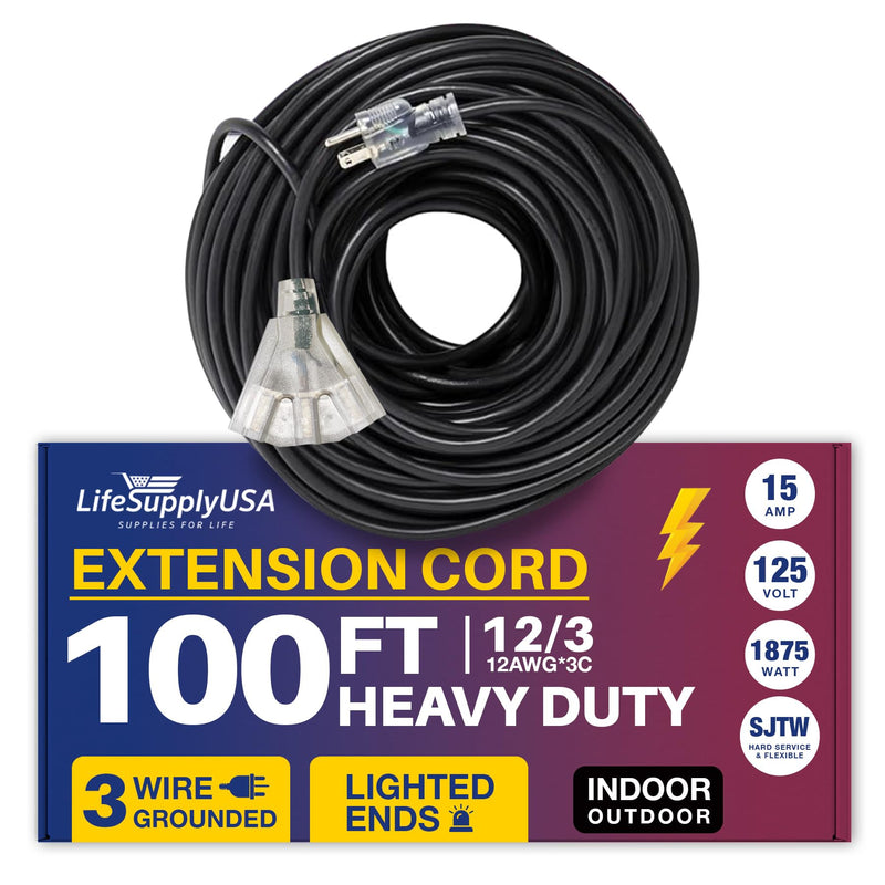 100ft Power Extension Cord Outdoor & Indoor - Waterproof Electric Drop Cord Cable -, 3-Outlet, SJTW, 12 Gauge, 15 AMP, 125 Volts, 1875 Watts, 12/3 by LifeSupplyUSA - Black (1 Pack)