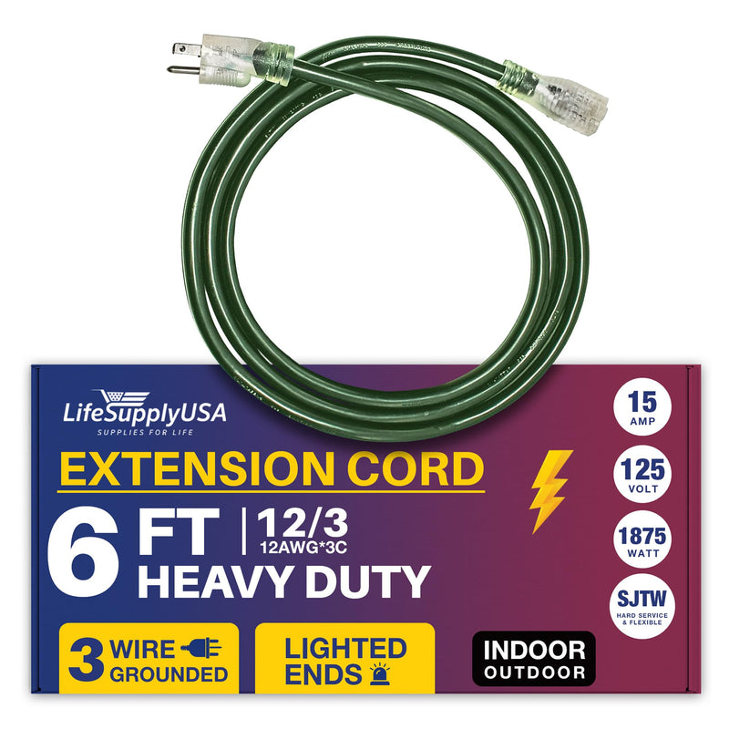 6ft Power Extension Cord Outdoor & Indoor - Waterproof Electric Drop Cord Cable - 3 Prong SJTW, 12 Gauge, 13 AMP, 125 Volts, 1875 Watts, 12/3 by LifeSupplyUSA - Yellow (1 Pack)