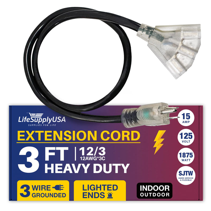 3ft Power Extension Cord Outdoor & Indoor - Waterproof Electric Drop Cord Cable -, 3-Outlet, SJTW, 12 Gauge, 15 AMP, 125 Volts, 1875 Watts, 12/3 by LifeSupplyUSA - Black (1 Pack)