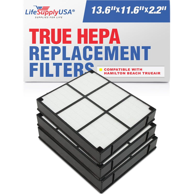 LifeSupplyUSA True HEPA Filter Replacement Compatible with Hamilton Beach 04912 TrueAir 04160, 04161, 04150 Air Purifier (3-Pack)
