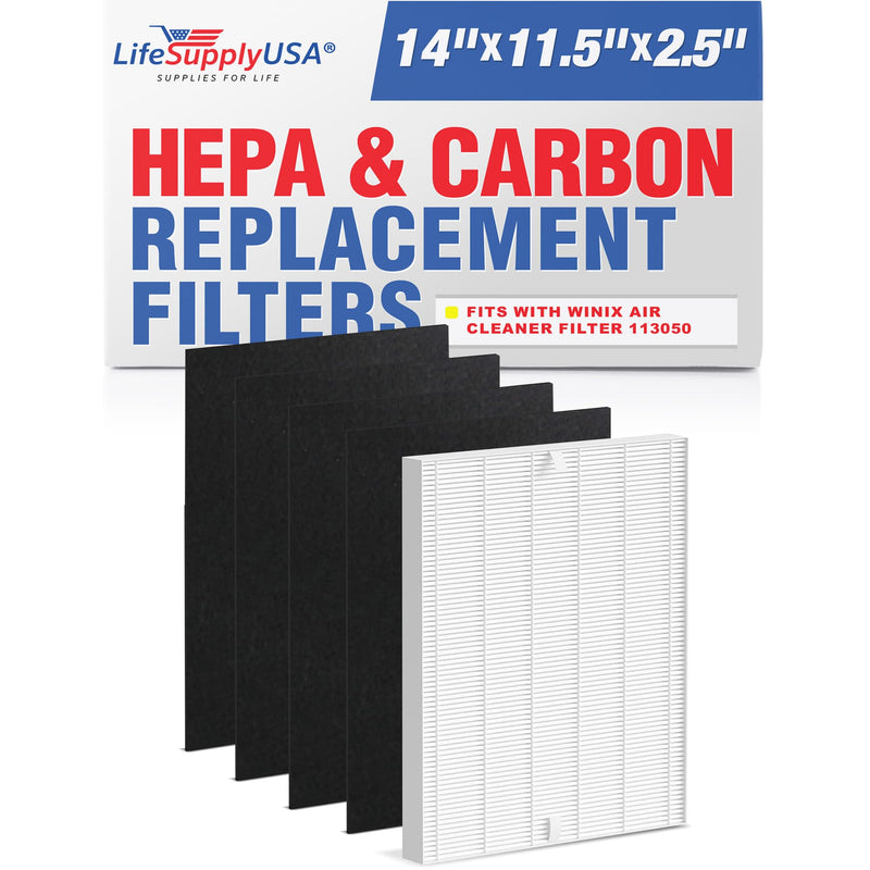 True HEPA Air Cleaner Filter Replacement Set + 4 Carbon Filters Compatible with Winix Size 17 (14" Actual Size) (113050) P150 and B151 Air Cleaners by LifeSupplyUSA