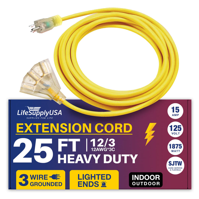 25ft Power Extension Cord Outdoor & Indoor - Waterproof Electric Drop Cord Cable -, 3-Outlet, SJTW, 12 Gauge, 15 AMP, 125 Volts, 1875 Watts, 12/3 by LifeSupplyUSA - Yellow (1 Pack)