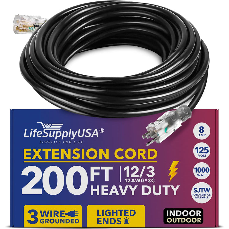 200ft Power Extension Cord Outdoor & Indoor - Waterproof Electric Drop Cord Cable - 3 Prong SJTW, 12 Gauge, 8 AMP, 125 Volts, 1000 Watts, 12/3 by LifeSupplyUSA - Black (1 Pack)