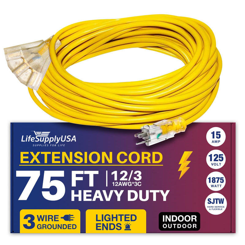 75ft Power Extension Cord Outdoor & Indoor - Waterproof Electric Drop Cord Cable -, 3-Outlet, SJTW, 12 Gauge, 15 AMP, 125 Volts, 1875 Watts, 12/3 by LifeSupplyUSA - Black (1 Pack)