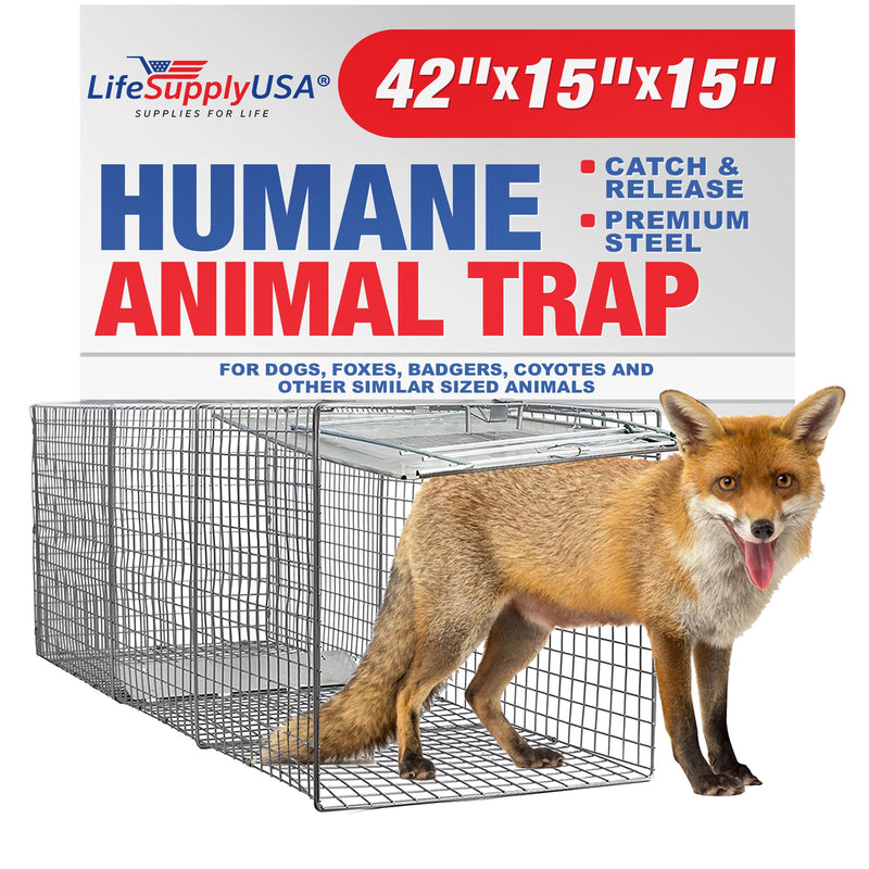 Heavy Duty Catch Release Large Live Humane Animal Cage Trap for Foxes Raccoons Badgers Coyotes 42x15x15