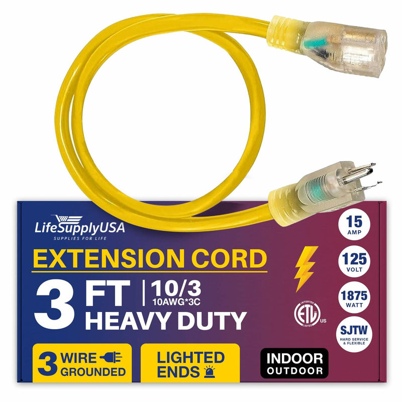 3ft Power Extension Cord Outdoor & Indoor - Waterproof Electric Drop Cord Cable - 3 Prong SJTW, 10 Gauge, 15 AMP, 125 Volts, 1875 Watts, 10/3 by LifeSupplyUSA - Yellow (1 Pack)