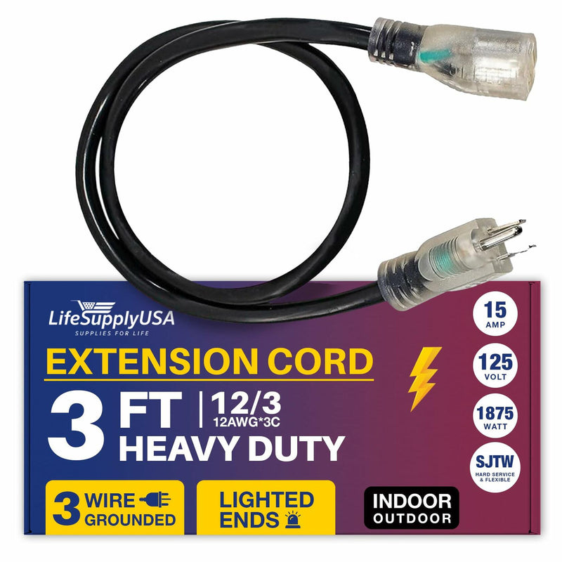 3ft Power Extension Cord Outdoor & Indoor - Waterproof Electric Drop Cord Cable - 3 Prong SJTW, 12 Gauge, 15 AMP, 125 Volts, 1875 Watts, 12/3 by LifeSupplyUSA - Black (1 Pack)