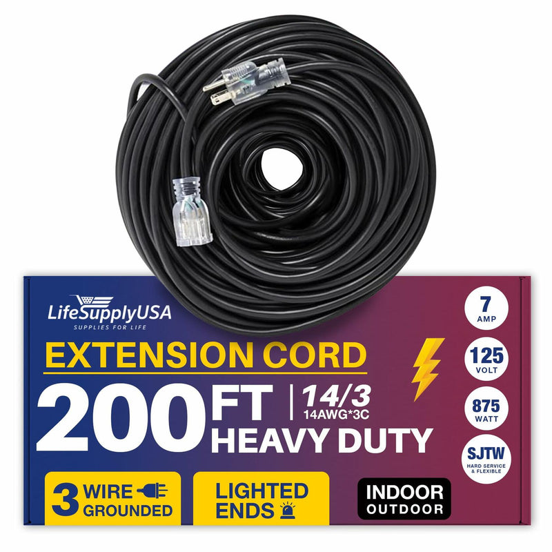 200ft Power Extension Cord Outdoor & Indoor - Waterproof Electric Drop Cord Cable - 3 Prong SJTW, 14 Gauge, 7 AMP, 125 Volts, 875 Watts, 14/3 by LifeSupplyUSA - Black (1 Pack)