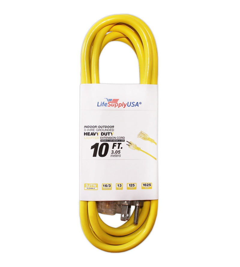 10 Pack - 16/3 10ft SJTW Lighted End Heavy Duty Extension Cord (10 Feet)-Extension Cords- LifeSupplyUSA