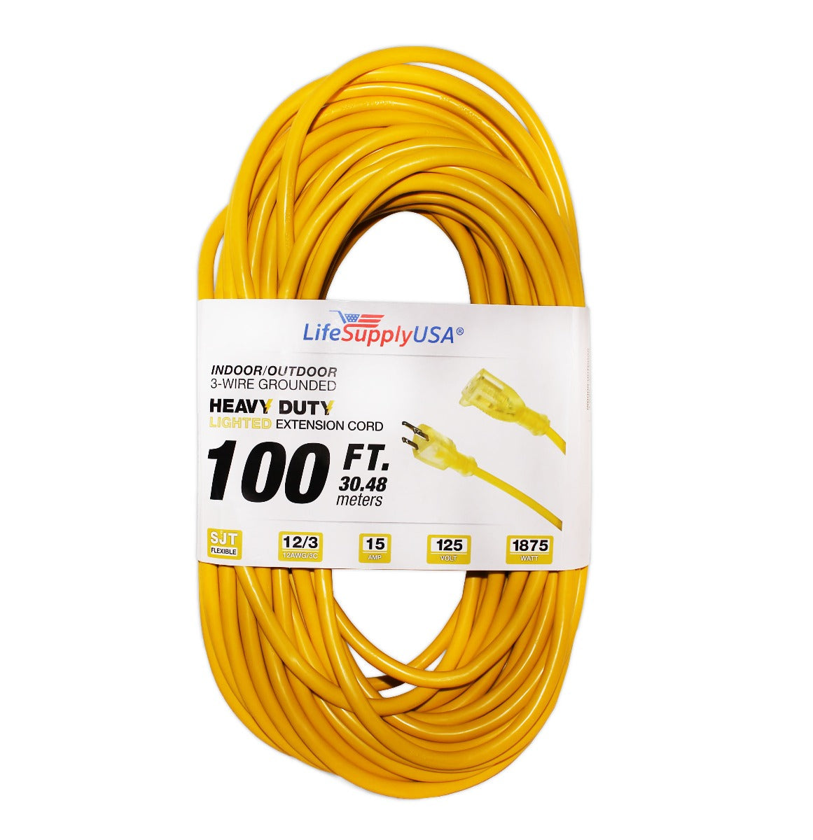 100 ft Power Extension Cord Outdoor  Indoor Heavy Duty 12 gauge/3 prong  SJTW (Yellow) Lighted end Extra Durability 15 AMP 125 Volts 1875 Watts by  LifeSupplyUSA