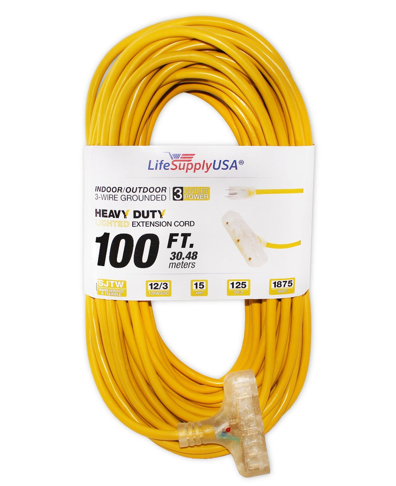 12/3 100ft Wire Gauge 3 OUTLET Tri-Source SJT Indoor Outdoor Vinyl LIGHTED Electric Extension Cord, 100 Feet-Extension Cords- LifeSupplyUSA