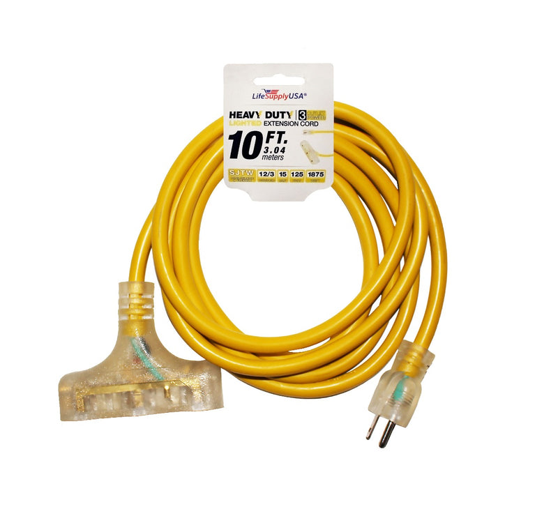 12/3 10ft 3-Outlet SJTW 15A 125V 1875W Lighted End Extension Cord (10 Feet)-Extension Cords- LifeSupplyUSA