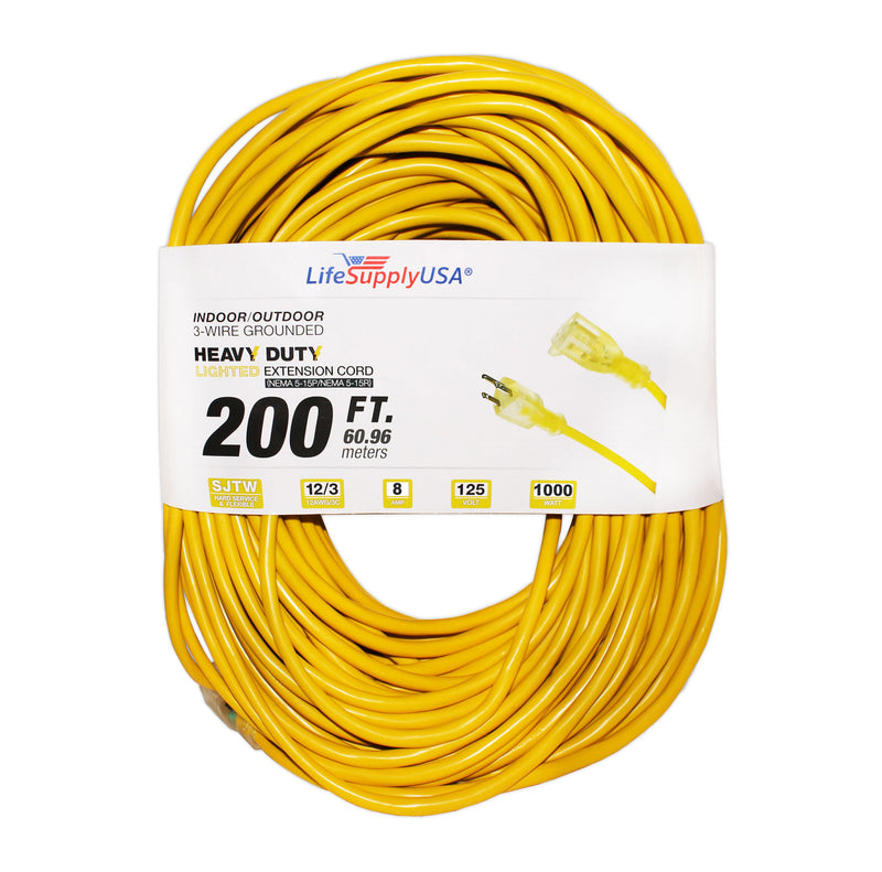 200 ft Power Extension Cord Outdoor & Indoor Heavy Duty 12 gauge/3 prong SJTW (Yellow) Lighted end Extra Durability 8 AMP 125 Volts 1000 Watts by LifeSupplyUSA