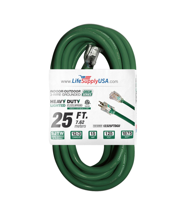 (2-pack) 25 ft Extension cord 12/3 SJTW with Lighted end - Green - Indoor / Outdoor Heavy Duty Extra Durability 15AMP 125V 1875W ETL-Extension Cords- LifeSupplyUSA