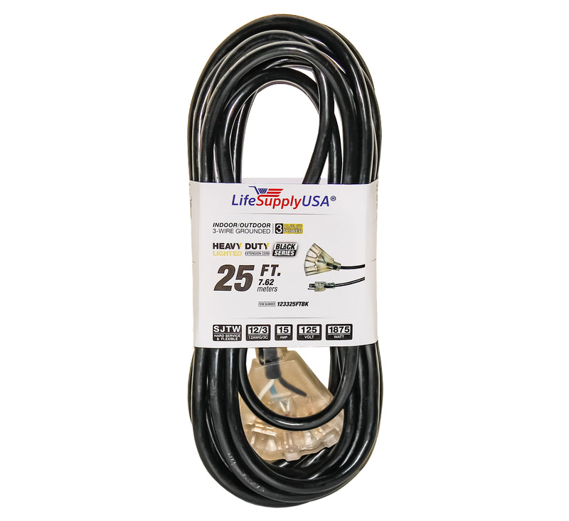 10 Pack 12/3 25ft 3-Outlet Lighted End Indoor/Outdoor Black Heavy Duty Tri-Source Extension Cord (25 Feet)-Extension Cords- LifeSupplyUSA
