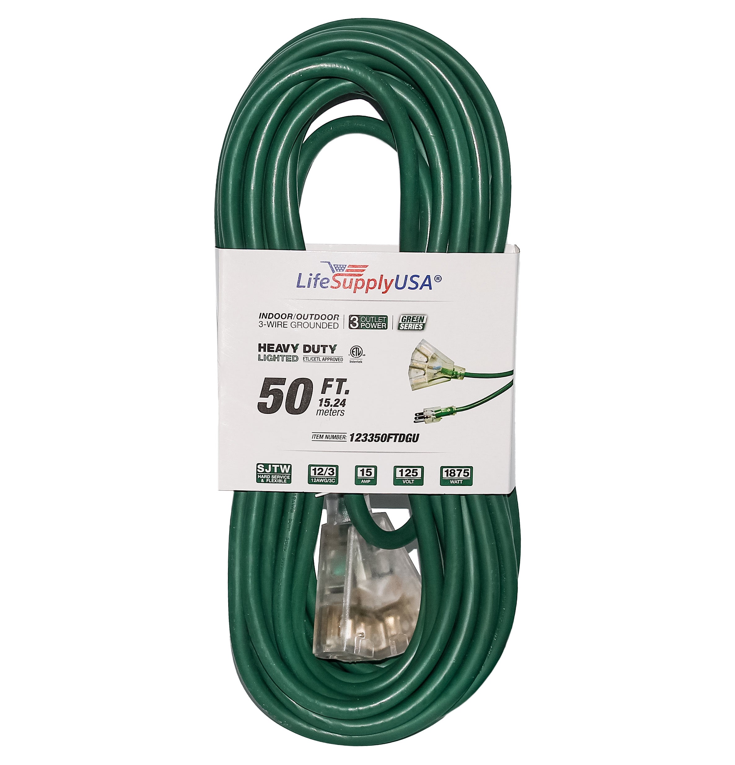 2-pack) 50 ft Extension cord 12/3 3-Outlet with Lighted Indoor/Outdoor  Heavy Duty