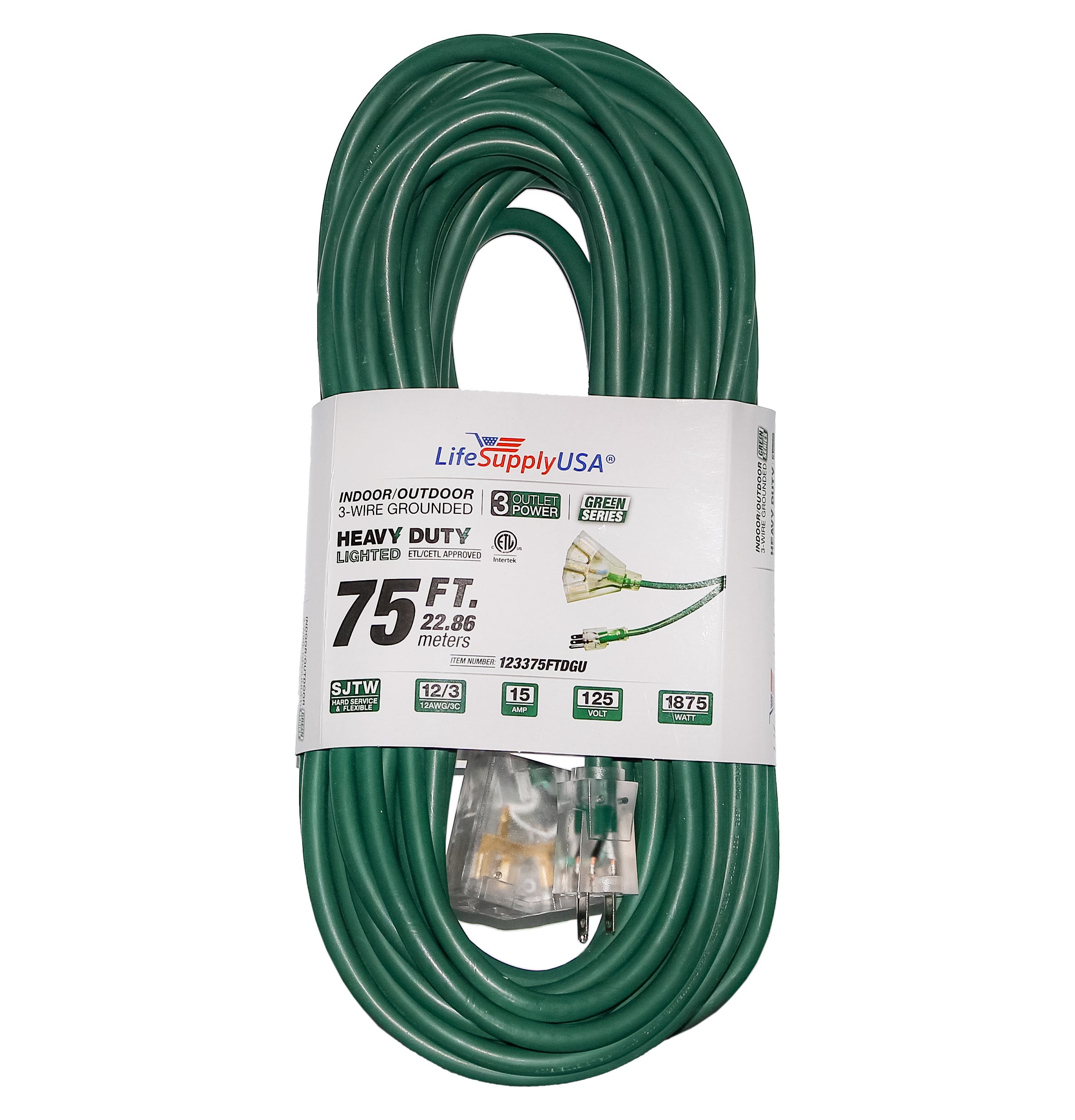 2-pack) 75 ft Extension cord 12/3 3-Outlet with Lighted Indoor/Outdoor  Heavy Duty