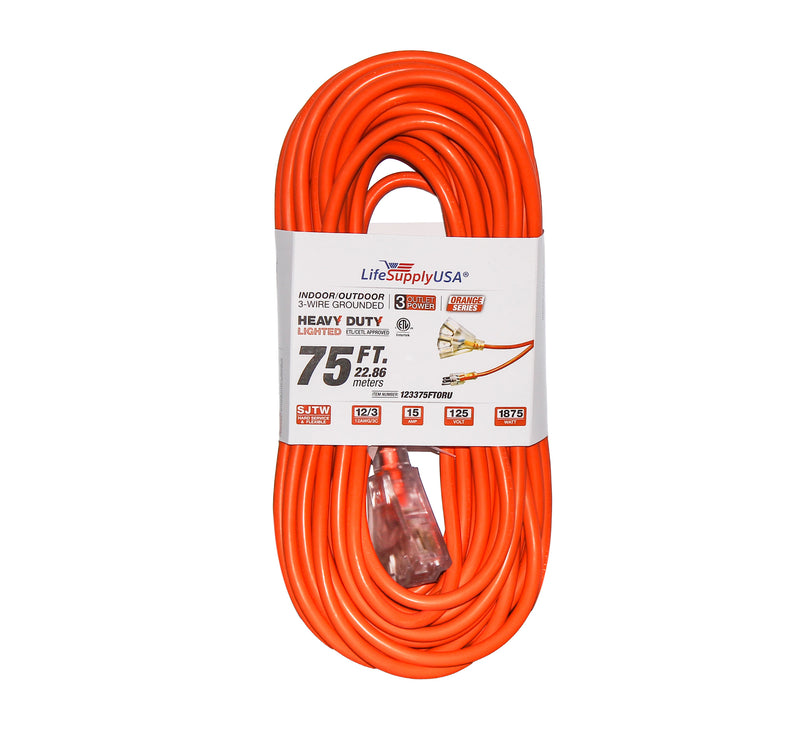 75 ft Extension cord 12/3 3-Outlet SJTW with Lighted end - Orange - Indoor / Outdoor Heavy Duty Extra Durability 15AMP 125V 1875W ETL-Extension Cords- LifeSupplyUSA