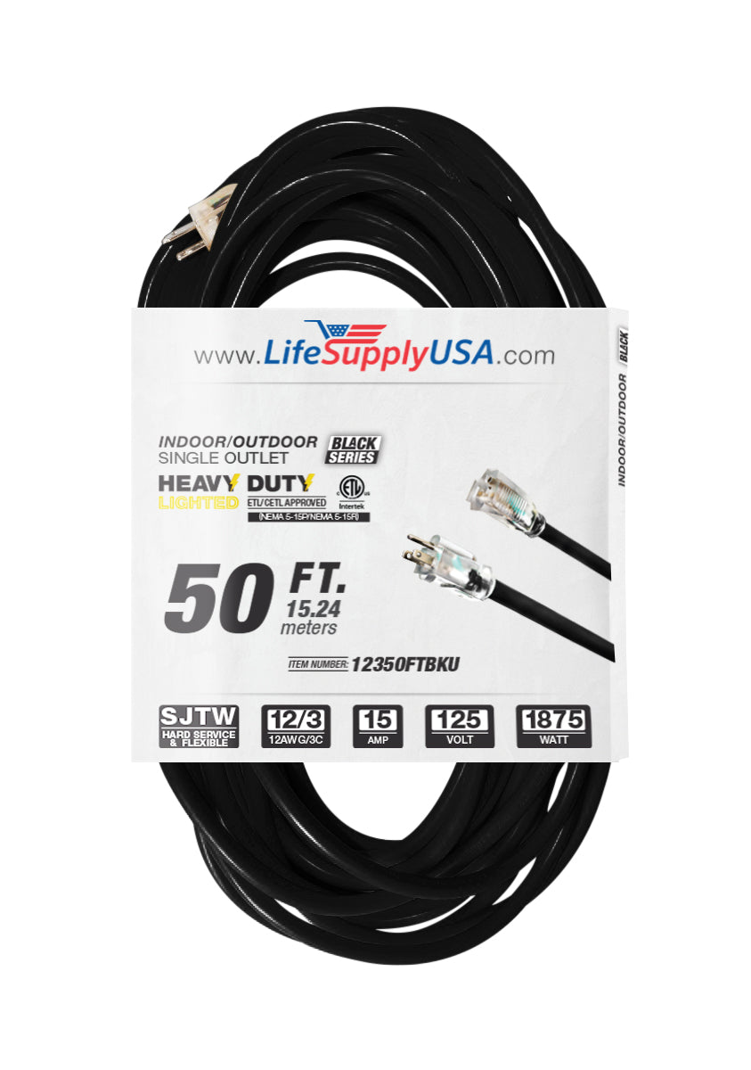 2-pack) 50 ft Extension cord 12/3 with Lighted Indoor/Outdoor Heavy Duty