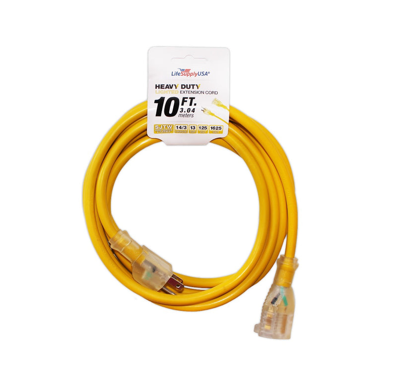 10 Pack - 14/3 10ft SJTW Lighted End Heavy Duty Extension Cord (10 Feet)-Extension Cords- LifeSupplyUSA