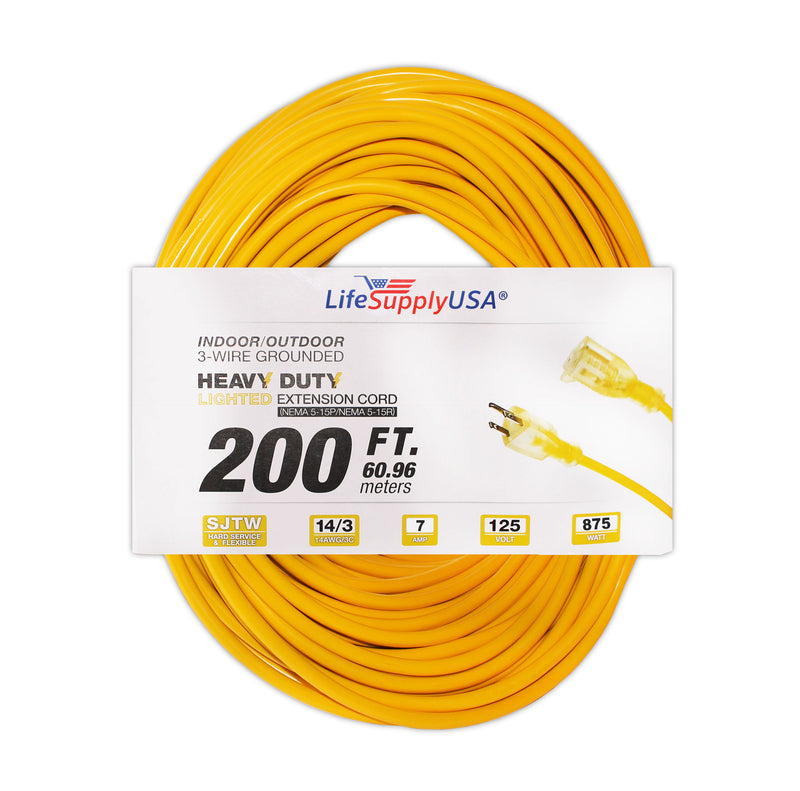 200ft Power Extension Cord Outdoor & Indoor - Waterproof Electric Drop Cord Cable - 3 Prong SJTW, 14 Gauge, 7 AMP, 125 Volts, 875 Watts, 14/3 by LifeSupplyUSA - Yellow (1 Pack)