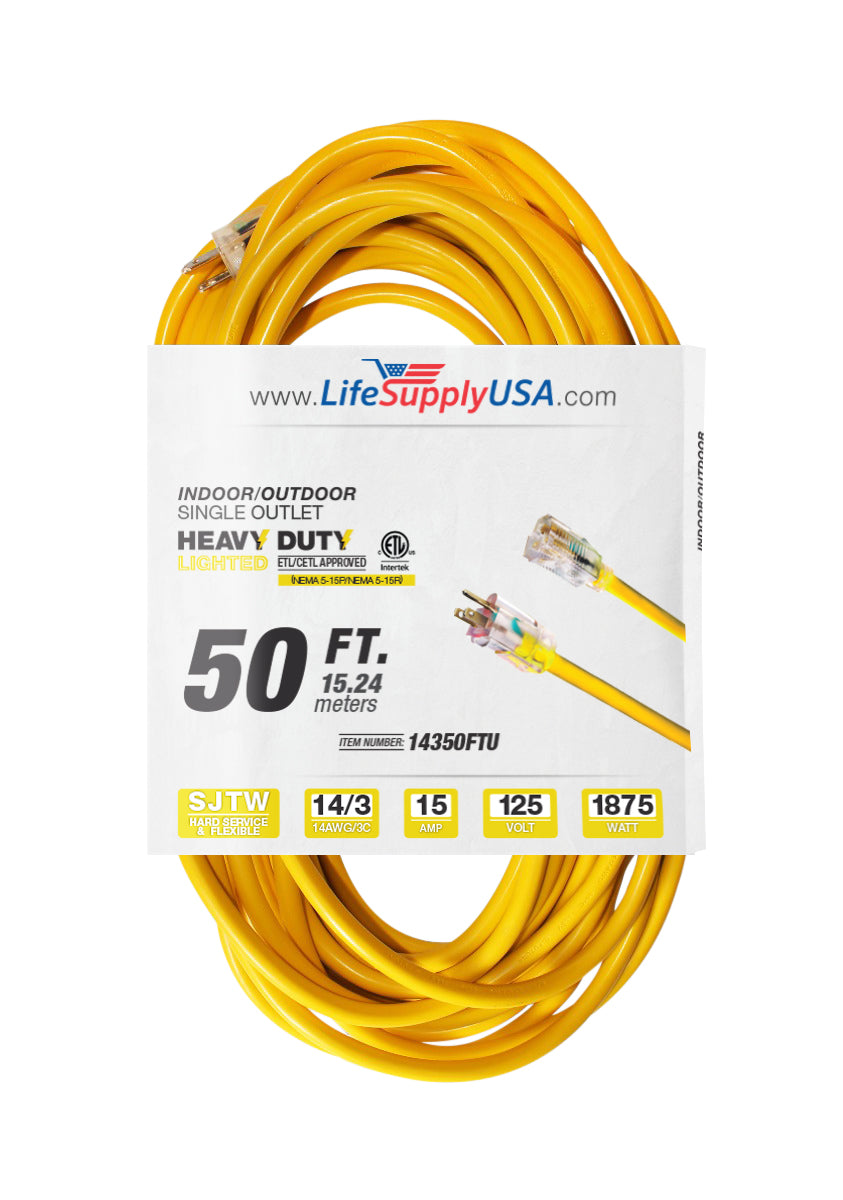 2-pack) 50 ft Extension cord 14/3 with Lighted Indoor/Outdoor Heavy Duty