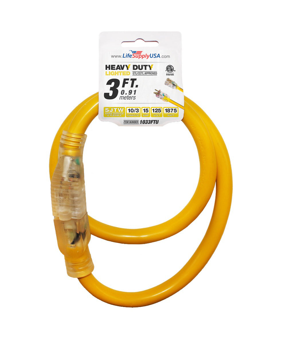 LifeSupplyUSA (2-Pack) 3 ft Power Extension Cord Outdoor & Indoor Heavy Duty 10 gauge/3 Prong SJTW (Yellow) Lighted End Extra Durability 15