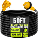 50ft RV Extension Cord 30 AMP (TT-30P/L5-30R) with Twist-Lock Connector and Grip Handle, Hook and Loop Strap - STW 10/3 AWG 125 Volt - Heavy Duty - by LifeSupplyUSA - TT-30P/L5-30R,50 FT