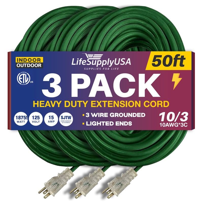 50ft Outdoor/Indoor Extension Cord 10/3 Gauge Ultra Heavy Duty 3 Prong SJTW, Waterproof, ETL Listed, Flexible Cold-Resistant Long Power Cord,125 Amp 1875W, Green by LifeSupplyUSA (3-Pack)