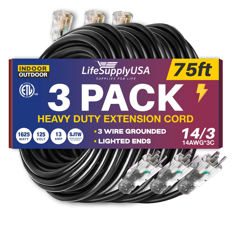 75ft Outdoor/Indoor Extension Cord 14/3 Gauge Heavy Duty 3 Prong SJTW, Waterproof, ETL Listed, Flexible Cold-Resistant Long Power Cord,125 Amp 1625W, Black by LifeSupplyUSA (3-Pack)