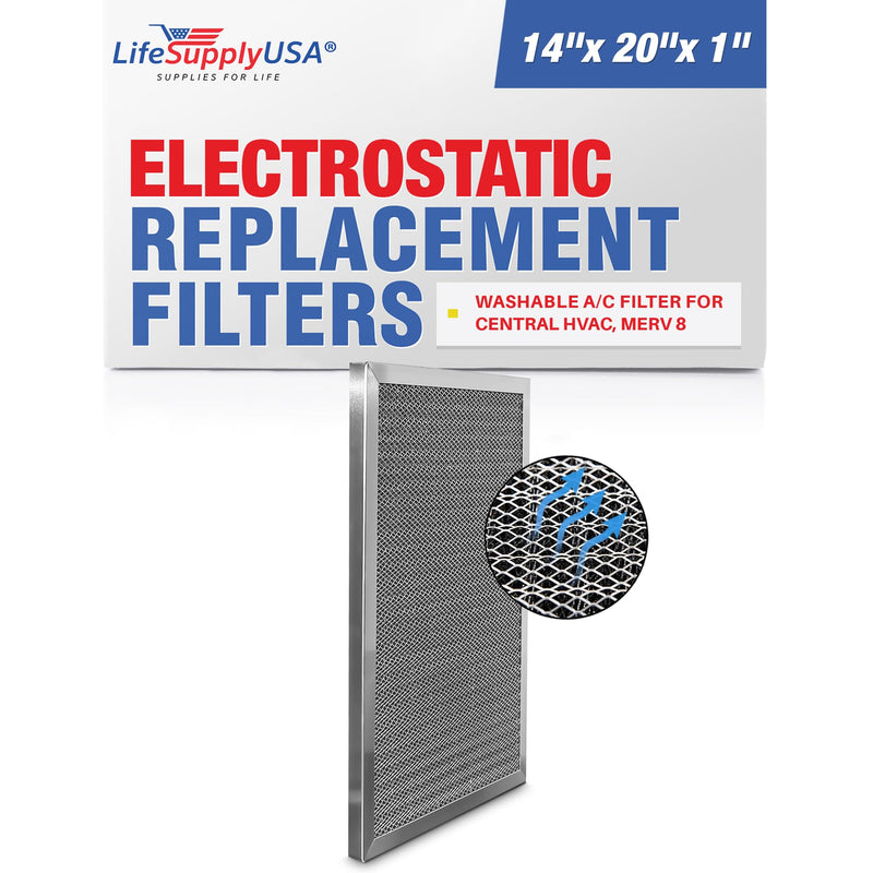 LifeSupplyUSA 14x20x1 Electrostatic Air Filter, MERV 8, Washable, Reusable Furnace AC/HVAC Filter, Energy Saving, Easy to Clean, Long-Lasting - 1-Pack,14" x 20" x 1"