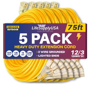 75ft Power Extension Cord Outdoor & Indoor - Waterproof Electric Drop Cord Cable -, 3-Outlet, SJTW, 12 Gauge, 15 AMP, 125 Volts, 1875 Watts, 12/3 by LifeSupplyUSA - Black (5 Pack)