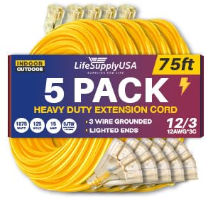 75ft Outdoor/Indoor Extension Cord 3-Outlet 12/3 Gauge Extra Heavy Duty 3 Prong SJTW, Waterproof, Flexible Cold-Resistant Long Power Cord,125 Amp 1875W, Yellow by LifeSupplyUSA (5-Pack)