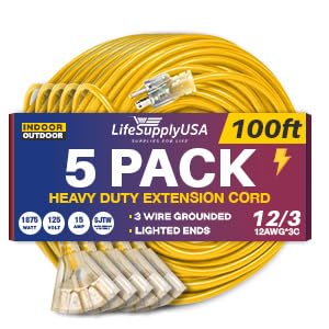 100ft Power Extension Cord Outdoor & Indoor - Waterproof Electric Drop Cord Cable -, 3-Outlet, SJTW, 12 Gauge, 15 AMP, 125 Volts, 1875 Watts, 12/3 by LifeSupplyUSA - Yellow (5 Pack)