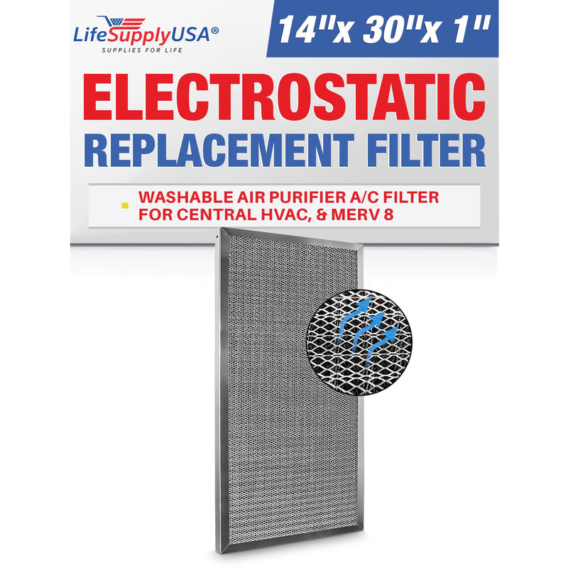 LifeSupplyUSA 14x30x1 Electrostatic Air Filter, MERV 8, Washable, Reusable Furnace AC/HVAC Filter, Energy Saving, Easy to Clean, Long-Lasting - 1-Pack,14" x 30" x 1"