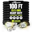 100ft Outdoor/Indoor Extension Cord 3-Outlet 12/3 Gauge Extra Heavy Duty 3 Prong SJTW, Waterproof, Flexible Cold-Resistant Long Power Cord,125 Amp 1875W, Black by LifeSupplyUSA