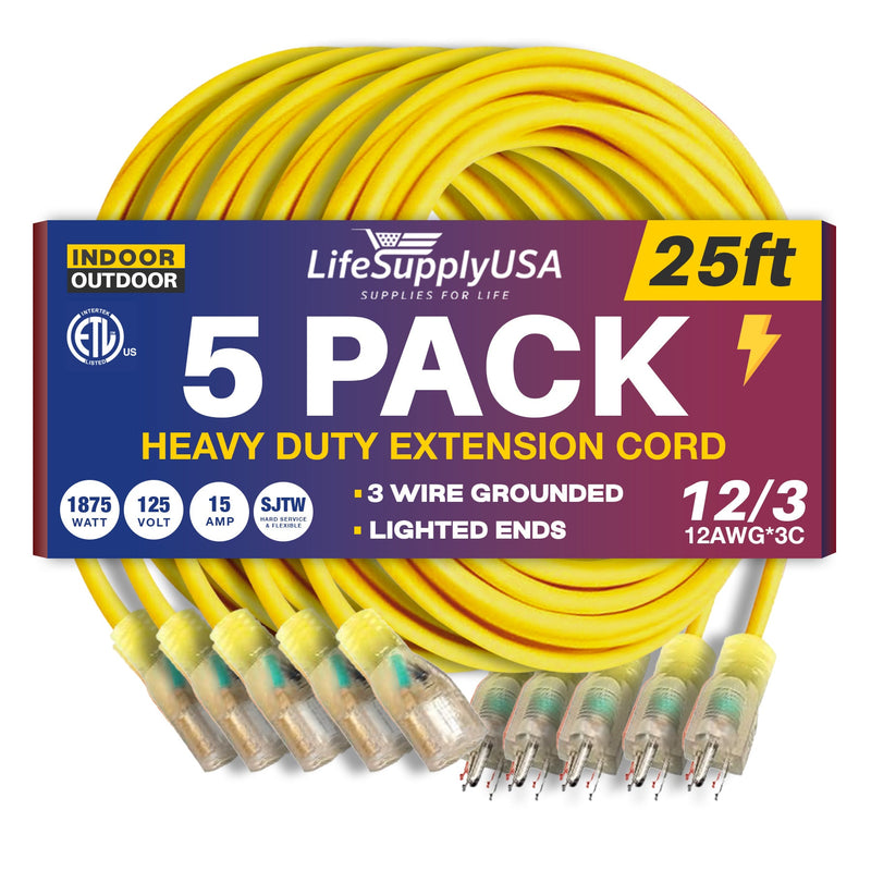 25ft Outdoor/Indoor Extension Cord 12/3 Gauge Extra Heavy Duty 3 Prong SJTW, Waterproof, ETL Listed, Flexible Cold-Resistant Long Power Cord,125 Amp 1875W, Yellow by LifeSupplyUSA (5-Pack)