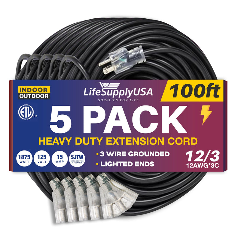 100ft Outdoor/Indoor Extension Cord 3-Outlet 12/3 Gauge Extra Heavy Duty ETL Listed, 3 Prong SJTW, Waterproof, Flexible Cold-Resistant Long Power Cord,125 Amp 1875W, Black by LifeSupplyUSA