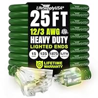 25ft Outdoor/Indoor Extension Cord 3-Outlet 12/3 Gauge Extra Heavy Duty ETL Listed, 3 Prong SJTW, Waterproof, Flexible Cold-Resistant Long Power Cord,125 Amp 1875W, Green by LifeSupplyUSA