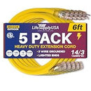 6ft Outdoor/Indoor Extension Cord 14/3 Gauge Heavy Duty 3 Prong SJTW, Waterproof, ETL Listed, Flexible Cold-Resistant Long Power Cord,125 Amp 1875W, Yellow by LifeSupplyUSA (5-Pack)