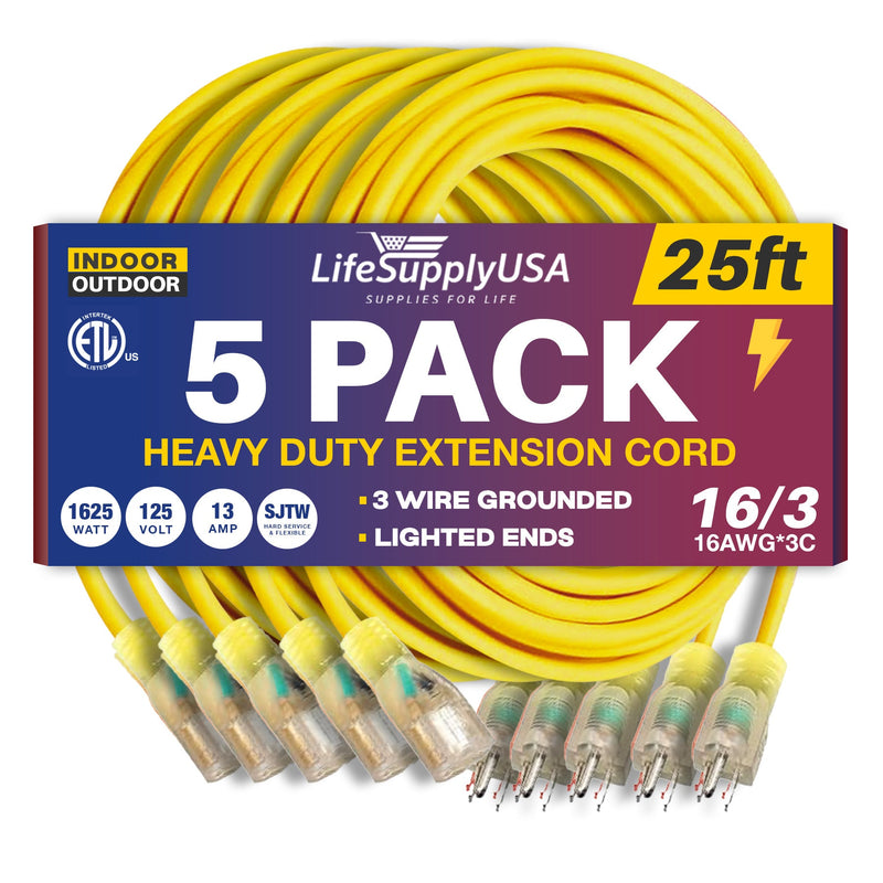 25ft Outdoor/Indoor Extension Cord 16/3 Gauge Heavy Duty 3 Prong SJTW, Waterproof, ETL Listed, Flexible Cold-Resistant Long Power Cord,125 Amp 1625W, Yellow by LifeSupplyUSA (5-Pack)