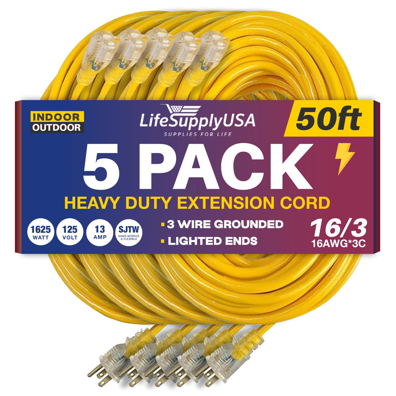 50ft Outdoor/Indoor Extension Cord 16/3 Gauge Heavy Duty 3 Prong SJTW, Waterproof, Flexible Cold-Resistant Long Power Cord,125 Amp 1625W, Yellow by LifeSupplyUSA (5-Pack)