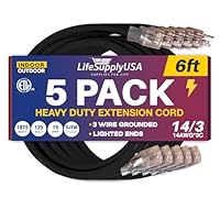 6ft Outdoor/Indoor Extension Cord 14/3 Gauge Heavy Duty 3 Prong SJTW, Waterproof, ETL Listed, Flexible Cold-Resistant Long Power Cord,125 Amp 1875W, Black by LifeSupplyUSA (5-Pack)