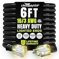 6ft Outdoor/Indoor Extension Cord 16/3 Gauge Heavy Duty 3 Prong SJTW, Waterproof, ETL Listed, Flexible Cold-Resistant Long Power Cord,125 Amp 1625W, Black by LifeSupplyUSA