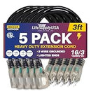 3ft Outdoor/Indoor Extension Cord 16/3 Gauge Heavy Duty 3 Prong SJTW, Waterproof, ETL Listed, Flexible Cold-Resistant Long Power Cord,125 Amp 1625W, Black by LifeSupplyUSA (5-Pack)