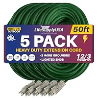 50ft Outdoor/Indoor Extension Cord 12/3 Gauge Extra Heavy Duty 3 Prong SJTW, Waterproof, ETL Listed, Flexible Cold-Resistant Long Power Cord,125 Amp 1875W, Green by LifeSupplyUSA (5-Pack)