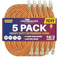 10ft Outdoor/Indoor Extension Cord 16/3 Gauge Heavy Duty 3 Prong SJTW, Waterproof, Flexible Cold-Resistant Long Power Cord,125 Amp 1625W, Orange by LifeSupplyUSA (5-Pack)
