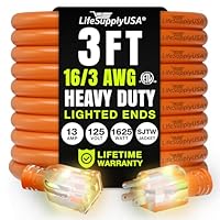 3ft Outdoor/Indoor Extension Cord 16/3 Gauge Heavy Duty 3 Prong SJTW, Waterproof, ETL Listed, Flexible Cold-Resistant Long Power Cord,125 Amp 1625W, Orange by LifeSupplyUSA