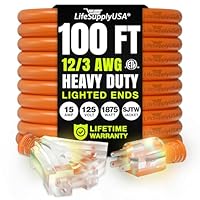 100ft Outdoor/Indoor Extension Cord 3-Outlet 12/3 Gauge Extra Heavy Duty ETL Listed, 3 Prong SJTW, Waterproof, Flexible Cold-Resistant Long Power Cord,125 Amp 1875W, Orange by LifeSupplyUSA